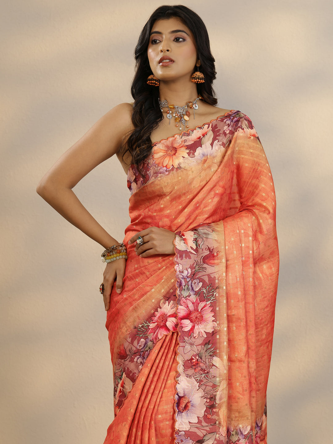 Coral Woven Design Silk Blend Saree With Unstitched Blouse Piece
