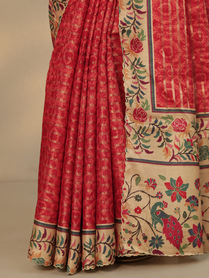 Red Woven Design Silk Blend Saree With Unstitched Blouse Piece