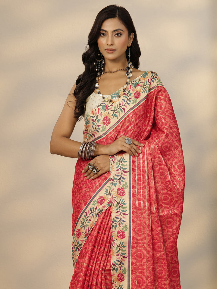 Red Woven Design Silk Blend Saree With Unstitched Blouse Piece