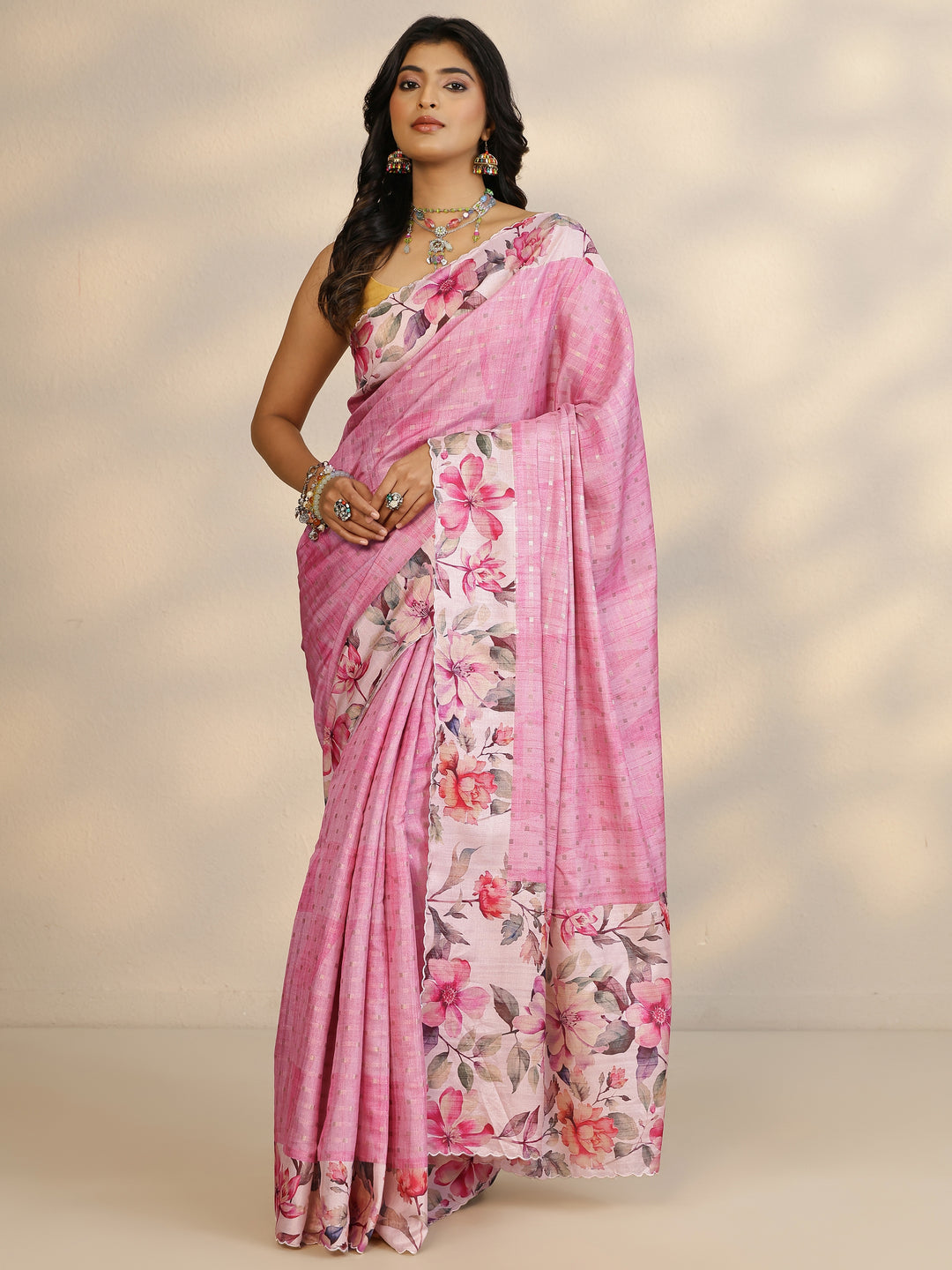 Pink Woven Design Silk Blend Saree With Unstitched Blouse Piece