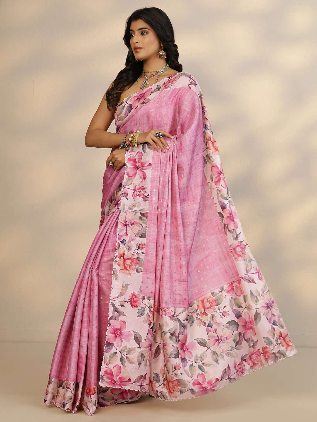 Pink Woven Design Silk Blend Saree With Unstitched Blouse Piece