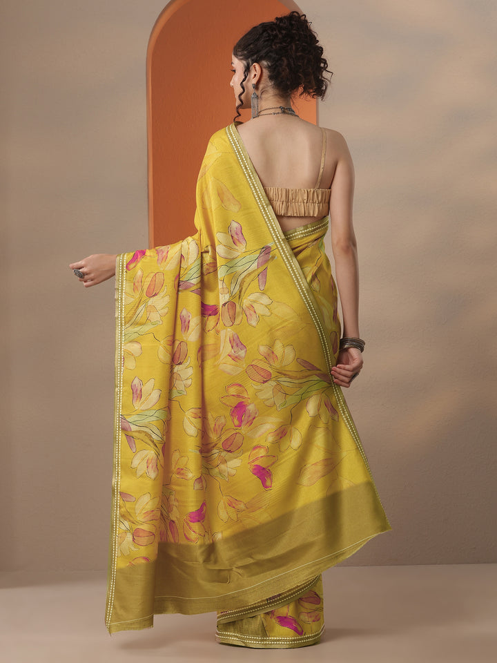 Mustard Printed Silk Blend Saree With Unstitched Blouse Piece