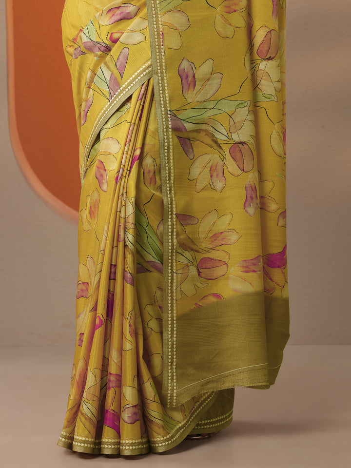 Mustard Printed Silk Blend Saree With Unstitched Blouse Piece