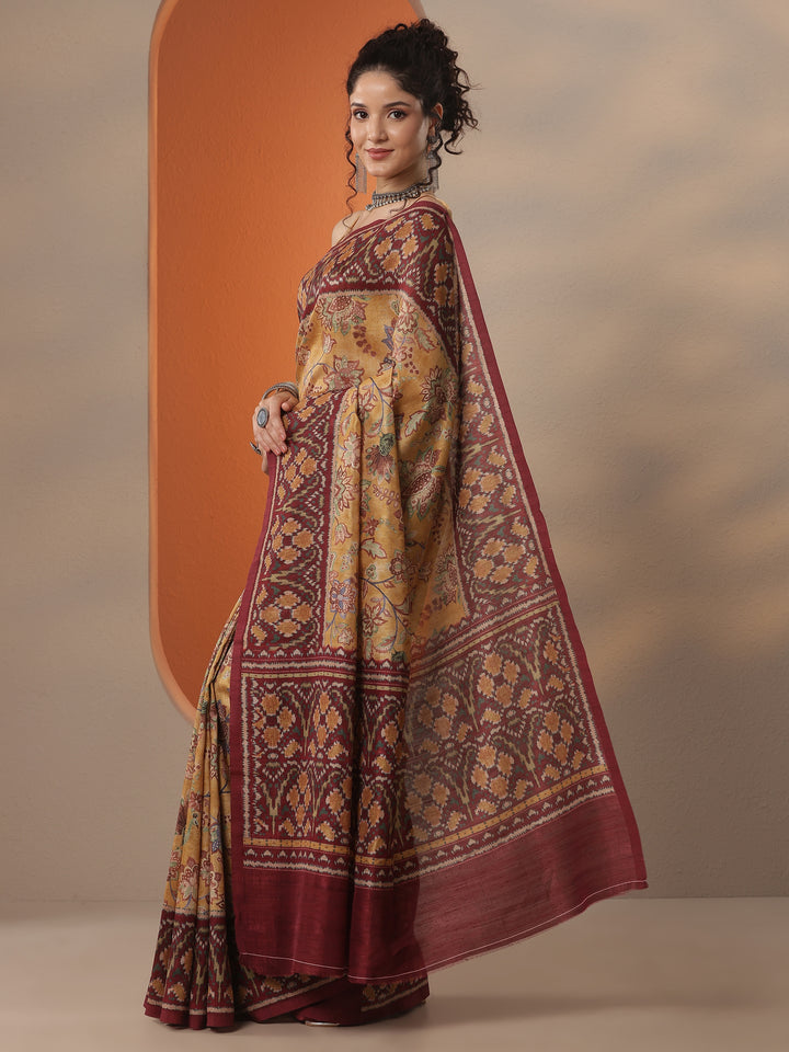 Mustard Printed Silk Blend Saree With Unstitched Blouse Piece