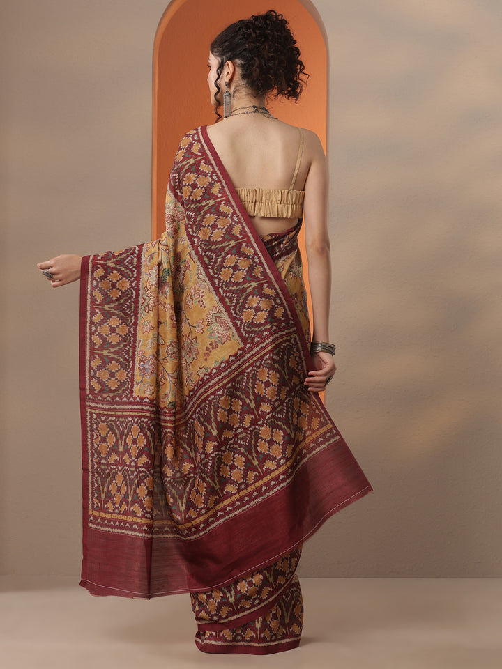 Mustard Printed Silk Blend Saree With Unstitched Blouse Piece