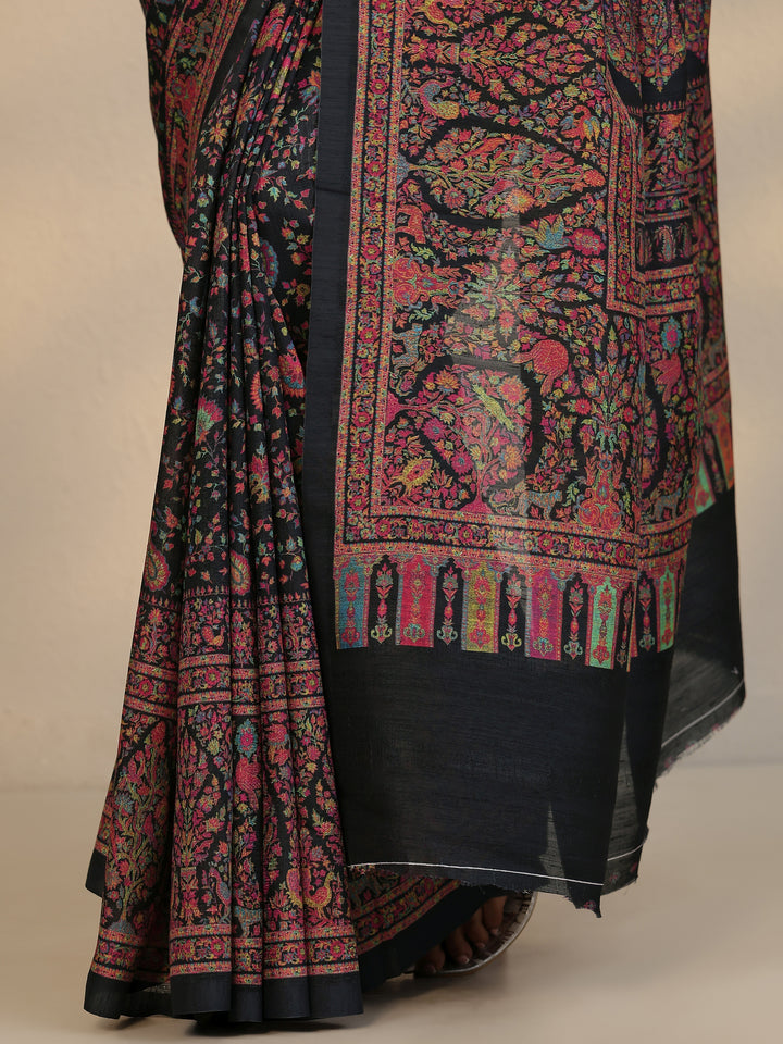 Black Printed Silk Blend Saree With Unstitched Blouse Piece