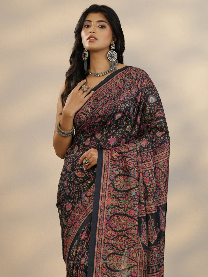 Black Printed Silk Blend Saree With Unstitched Blouse Piece