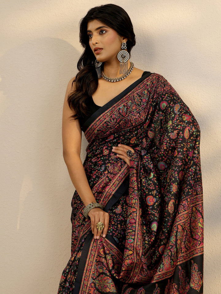 Black Printed Silk Blend Saree With Unstitched Blouse Piece