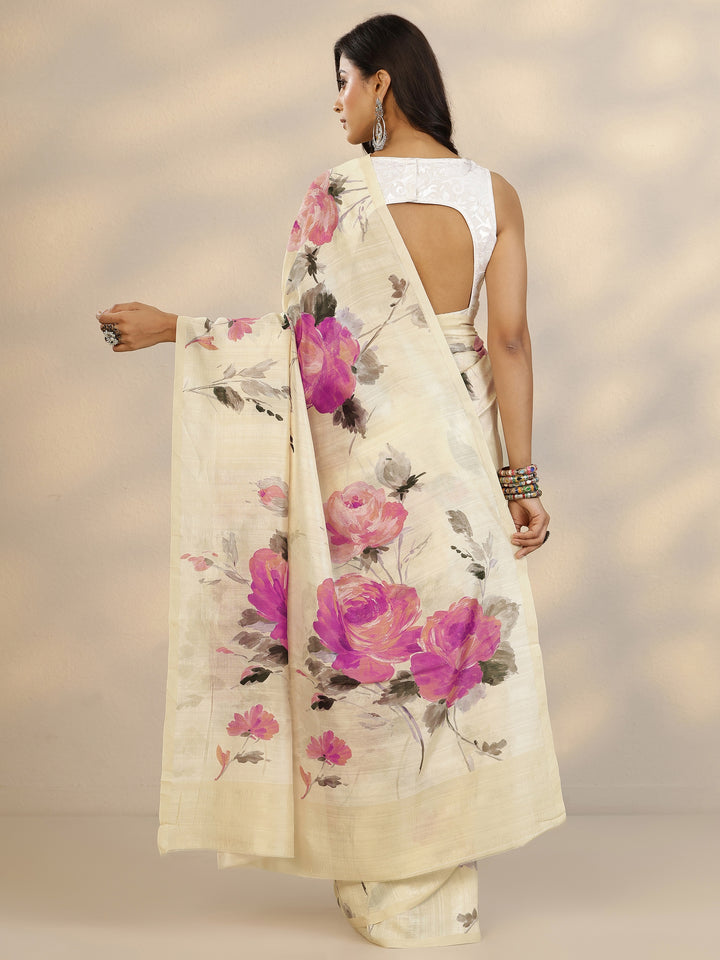 Cream Printed Silk Blend Saree With Unstitched Blouse Piece