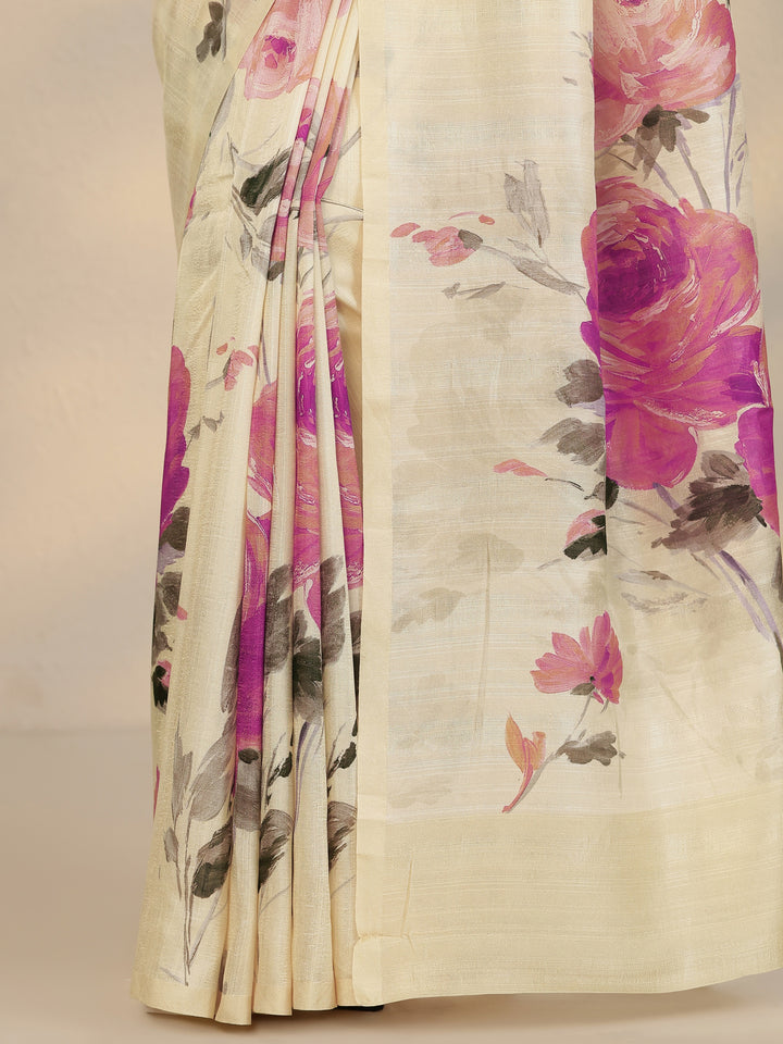 Cream Printed Silk Blend Saree With Unstitched Blouse Piece