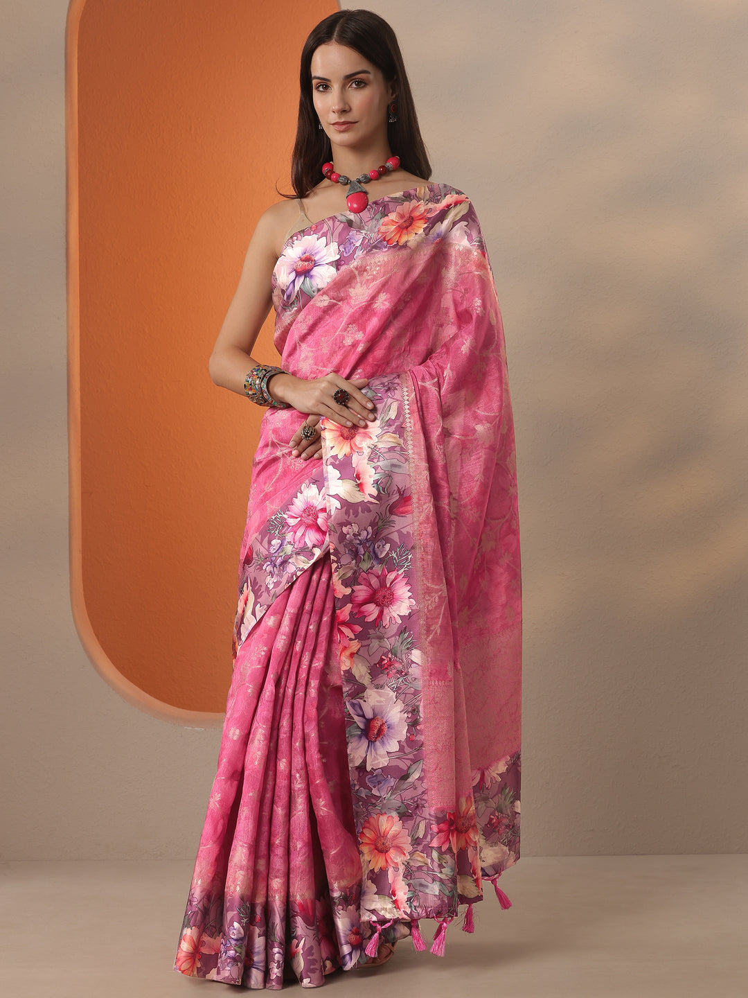 Coral Woven Design Silk Blend Saree With Unstitched Blouse Piece