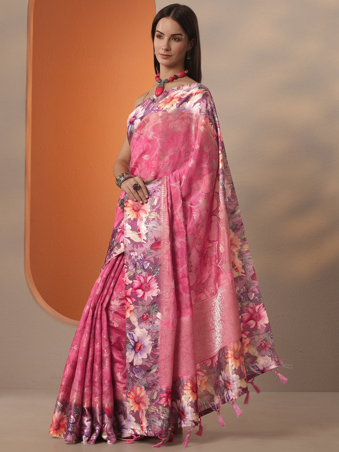 Coral Woven Design Silk Blend Saree With Unstitched Blouse Piece