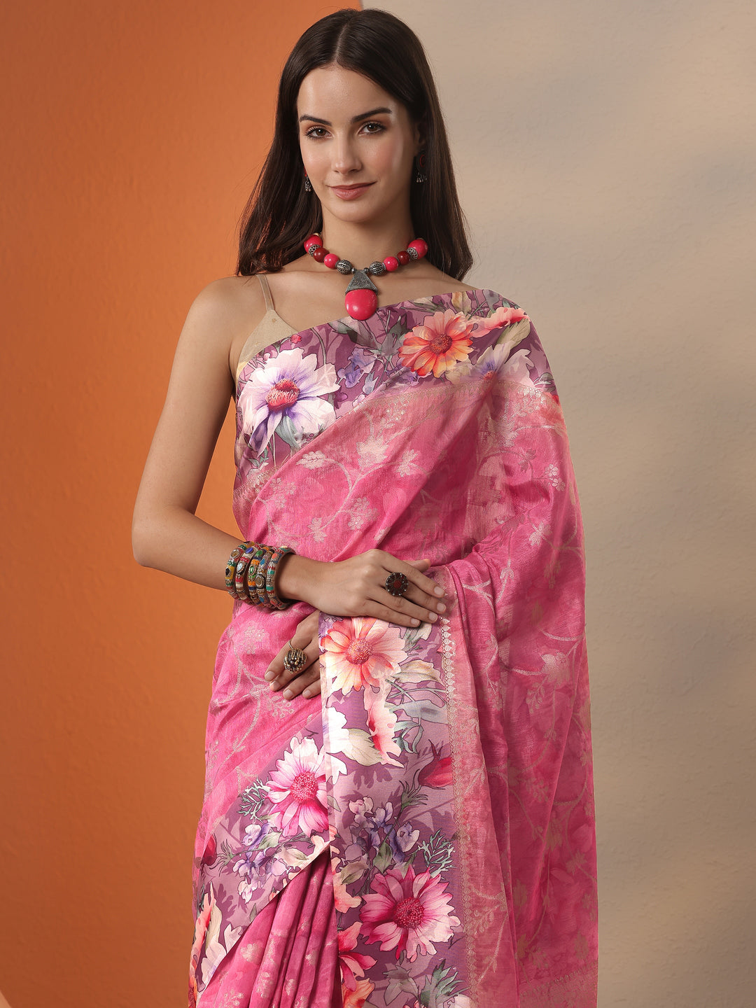 Coral Woven Design Silk Blend Saree With Unstitched Blouse Piece