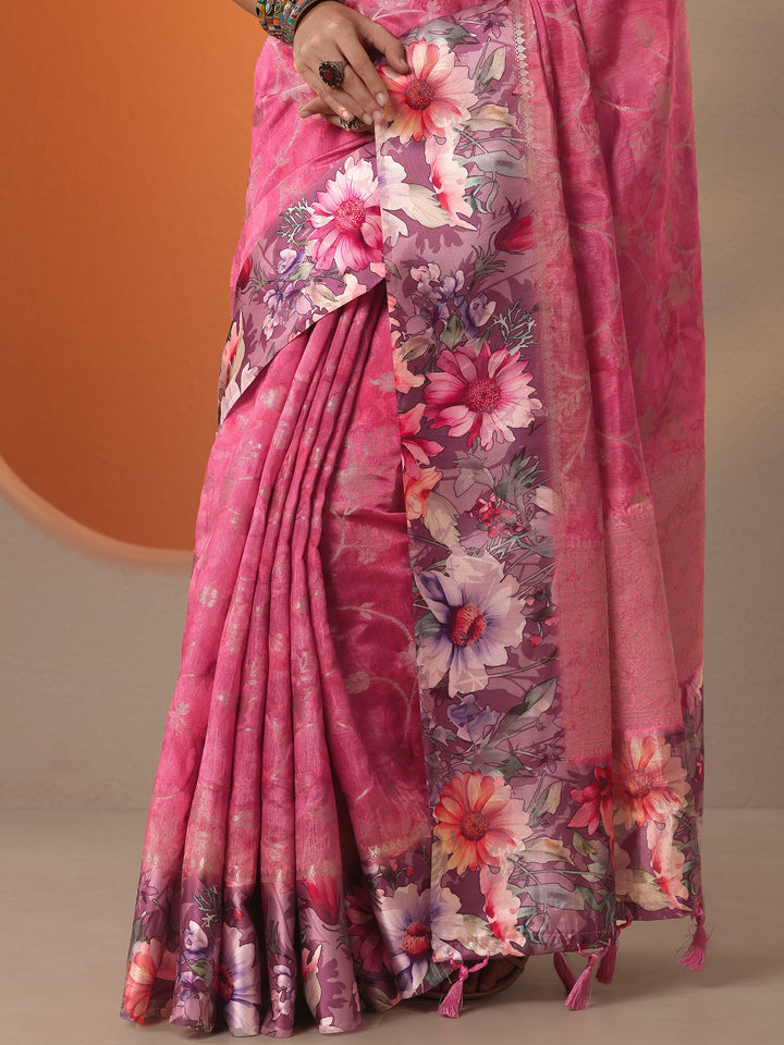 Coral Woven Design Silk Blend Saree With Unstitched Blouse Piece