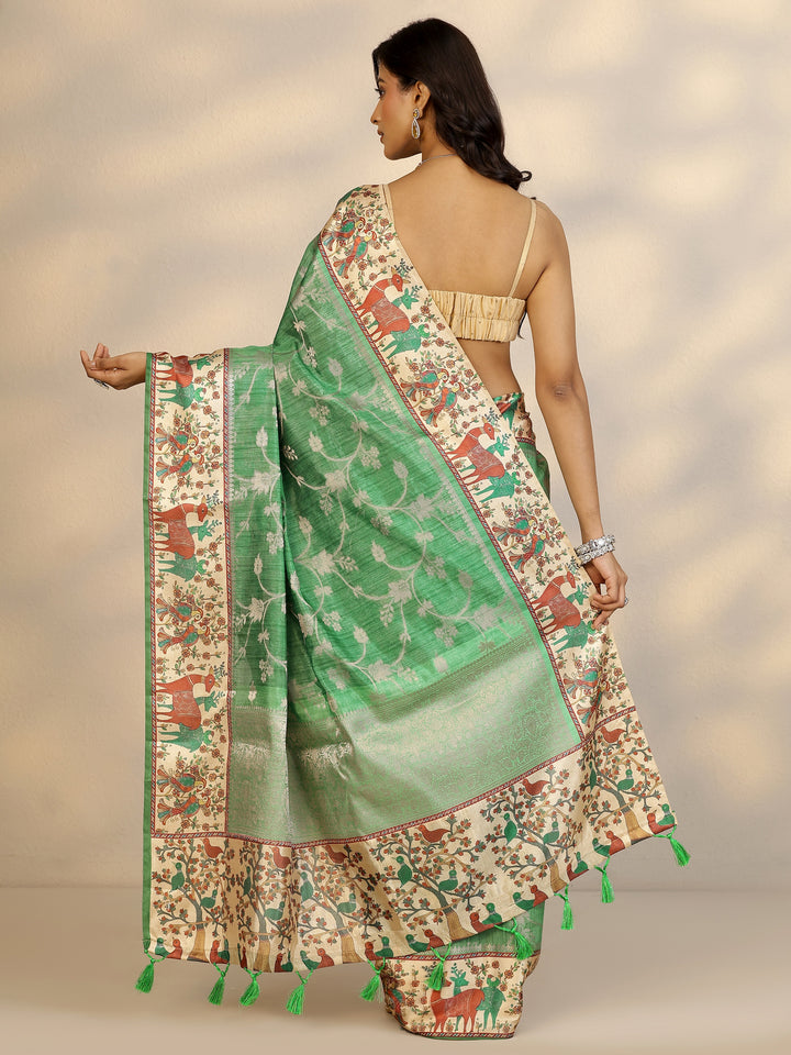 Green Woven Design Silk Blend Saree With Unstitched Blouse Piece