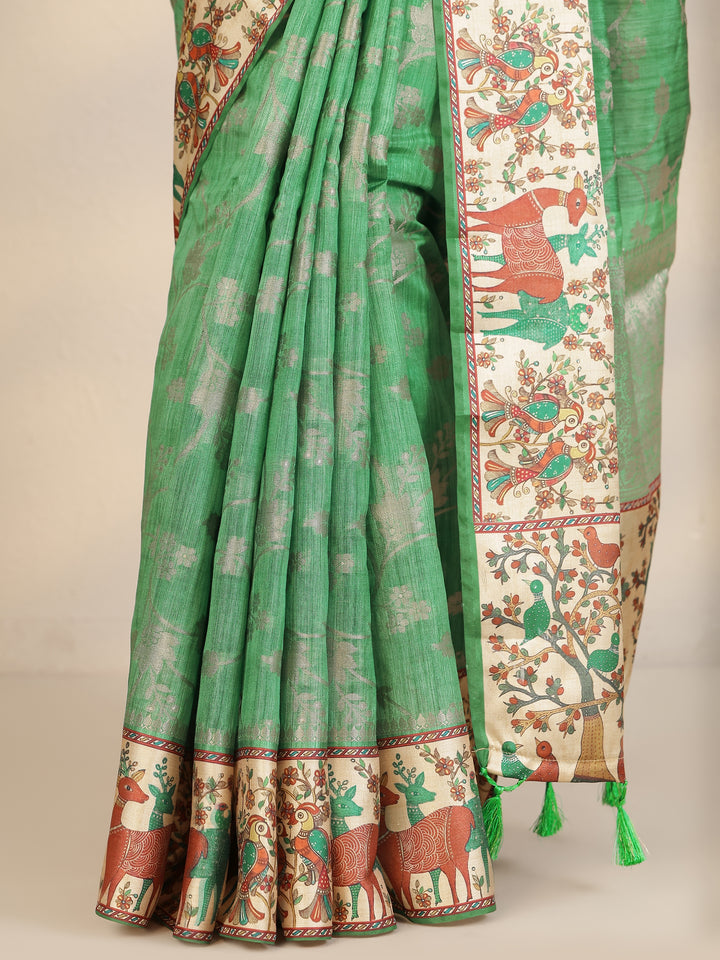 Green Woven Design Silk Blend Saree With Unstitched Blouse Piece