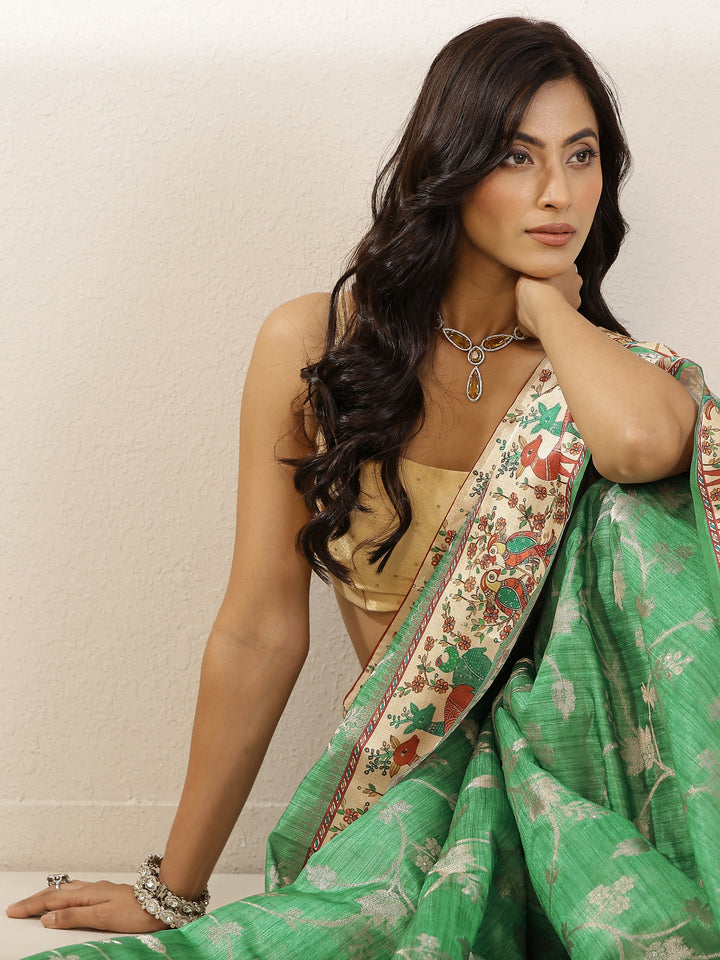 Green Woven Design Silk Blend Saree With Unstitched Blouse Piece