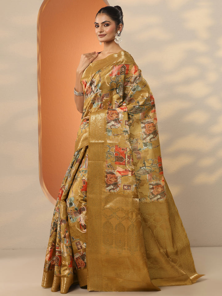 Mustard Tribal Printed Silk Blend Saree With Unstitched Blouse Piece