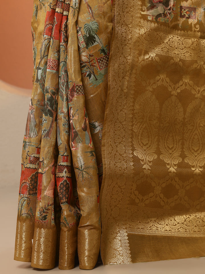 Mustard Tribal Printed Silk Blend Saree With Unstitched Blouse Piece