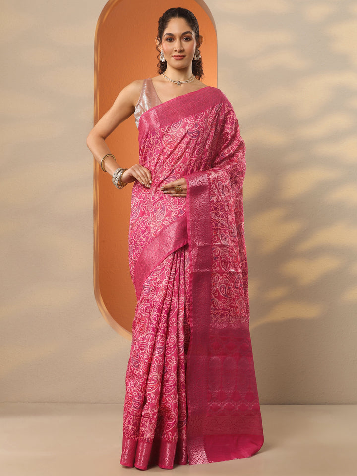 Pink Printed Silk Blend Saree With Unstitched Blouse Piece