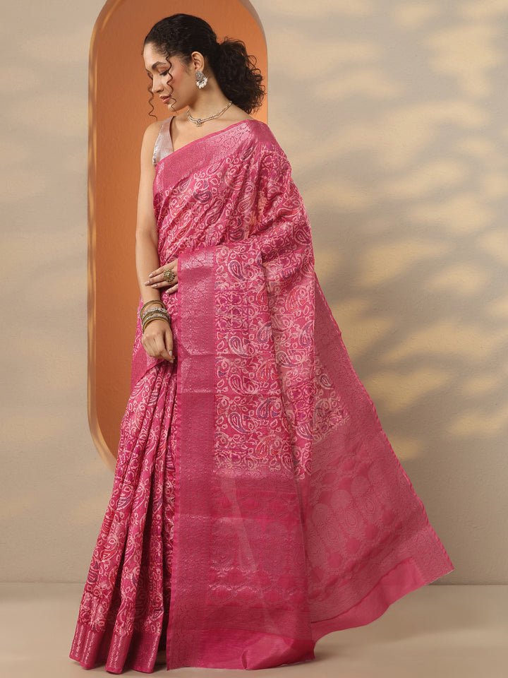 Pink Printed Silk Blend Saree With Unstitched Blouse Piece