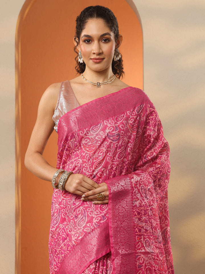 Pink Printed Silk Blend Saree With Unstitched Blouse Piece