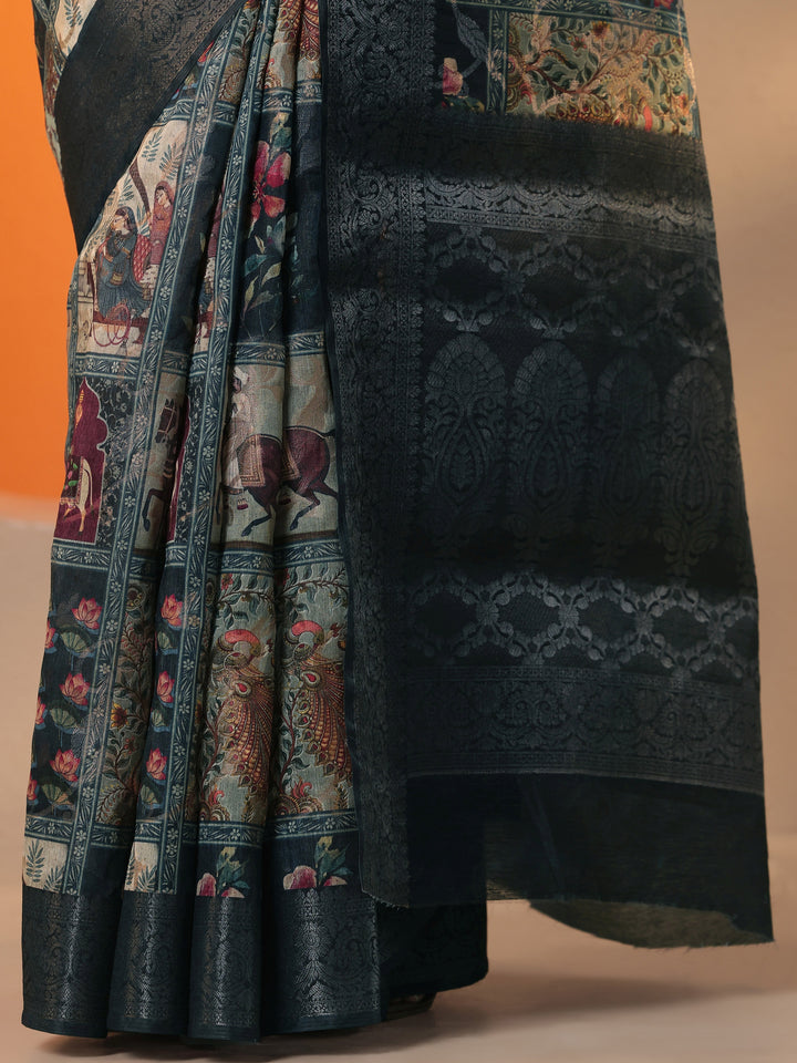 Navy Blue Tribal Printed Silk Blend Saree With Unstitched Blouse Piece