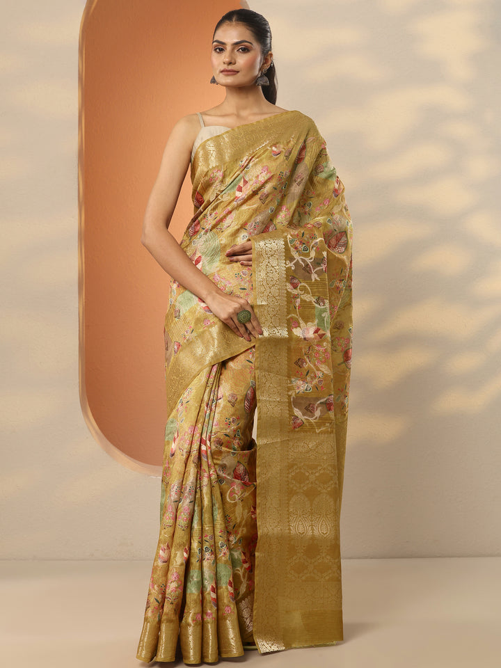 Mustard Printed Silk Blend Saree With Unstitched Blouse Piece