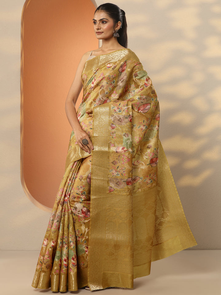 Mustard Printed Silk Blend Saree With Unstitched Blouse Piece