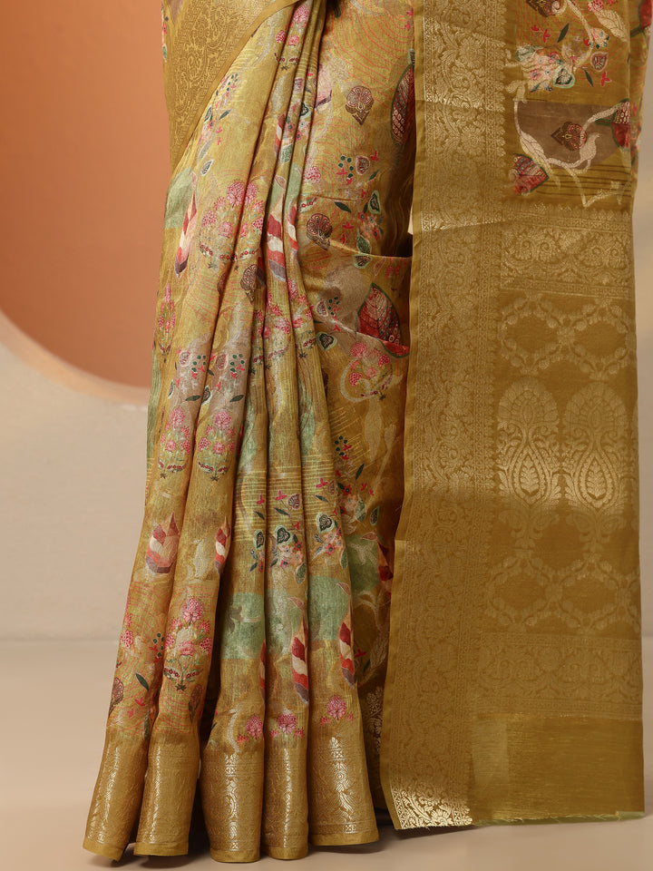 Mustard Printed Silk Blend Saree With Unstitched Blouse Piece