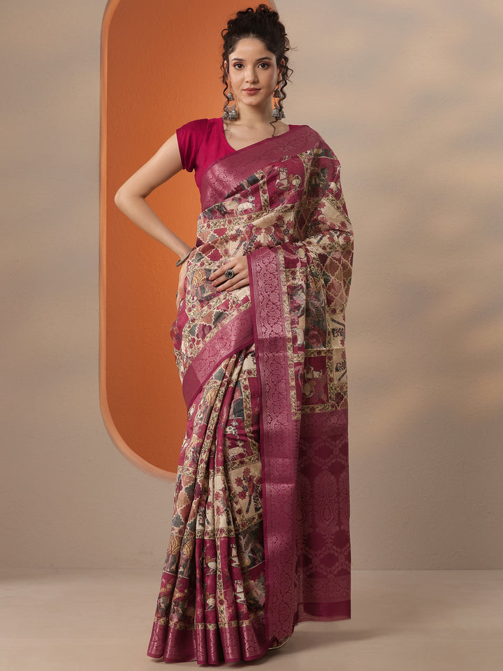 Maroon Printed Silk Blend Saree With Unstitched Blouse Piece