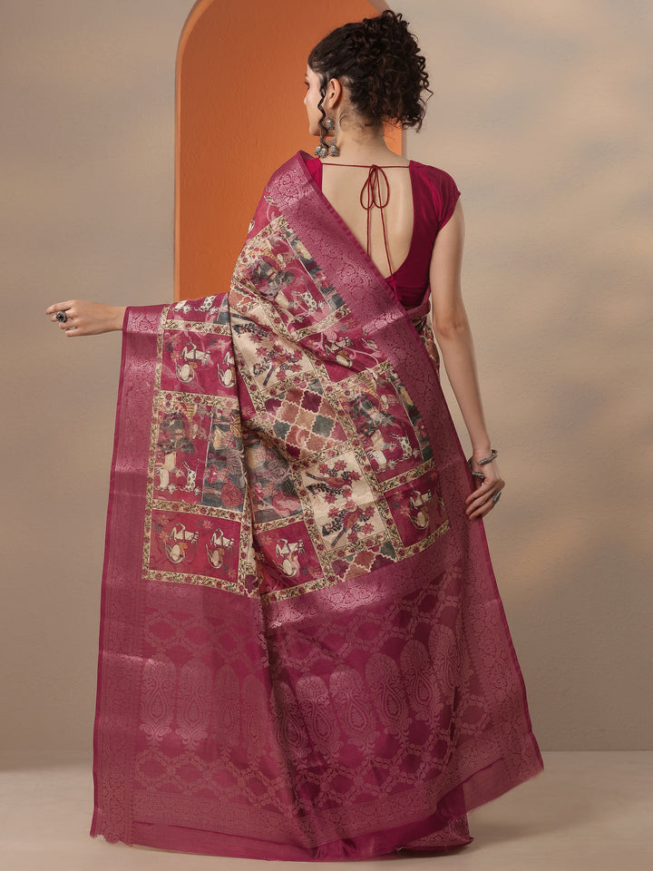 Maroon Printed Silk Blend Saree With Unstitched Blouse Piece