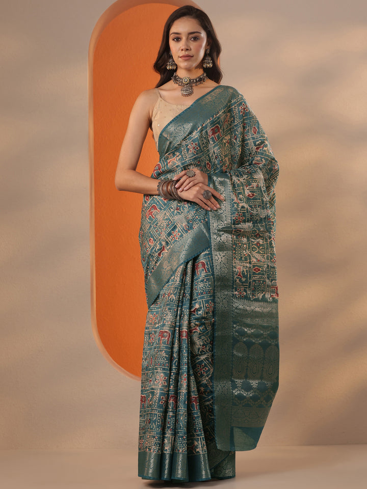 Blue Printed Silk Blend Saree With Unstitched Blouse Piece