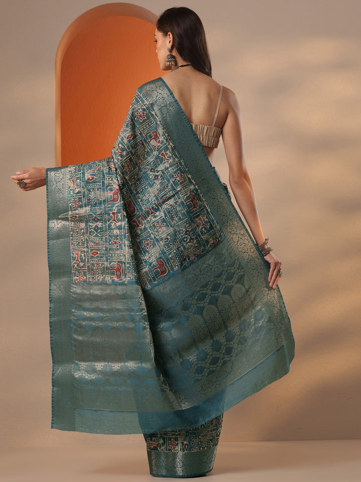 Blue Printed Silk Blend Saree With Unstitched Blouse Piece