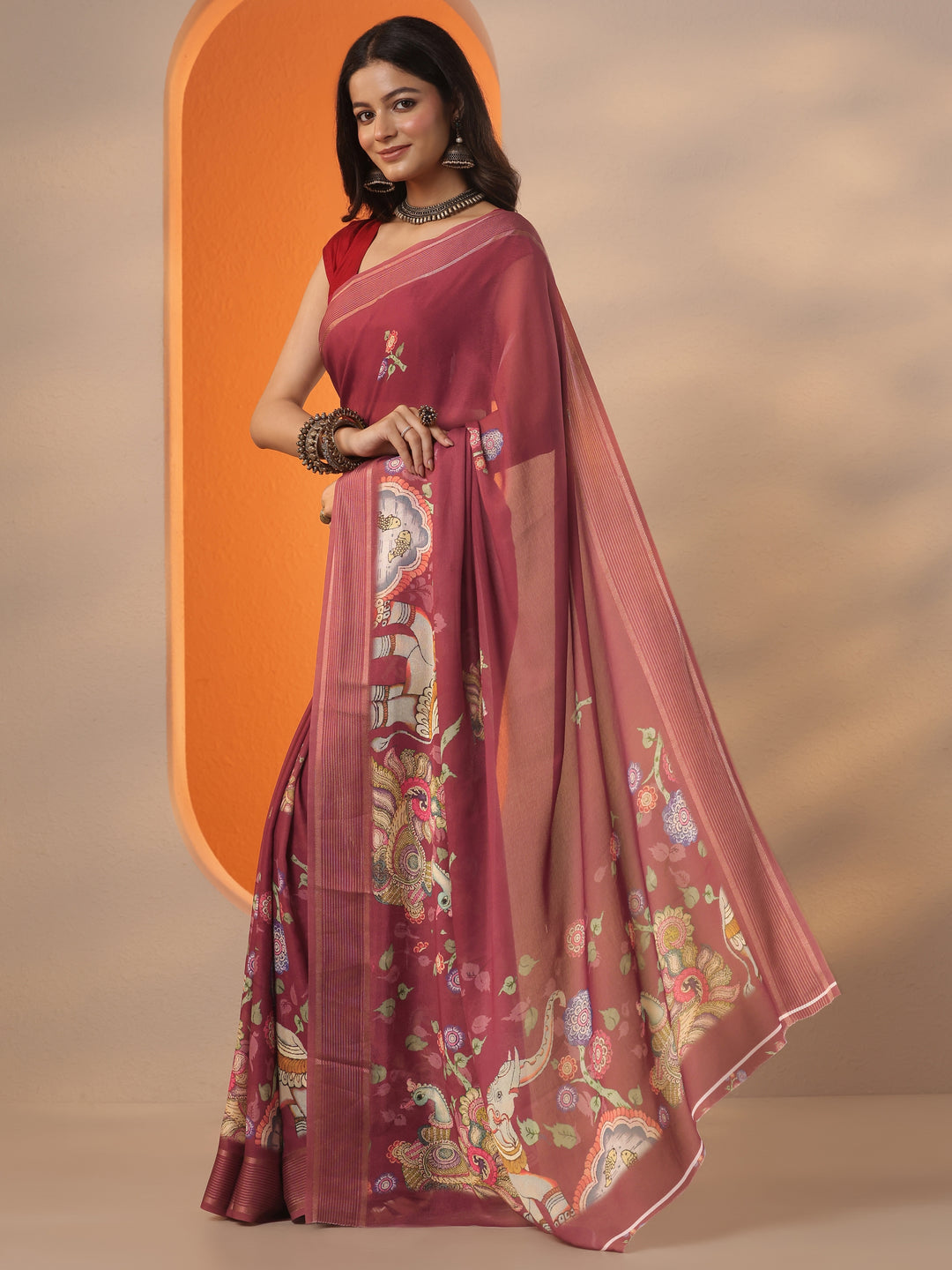 Brown Printed Georgette Saree With Unstitched Blouse Piece
