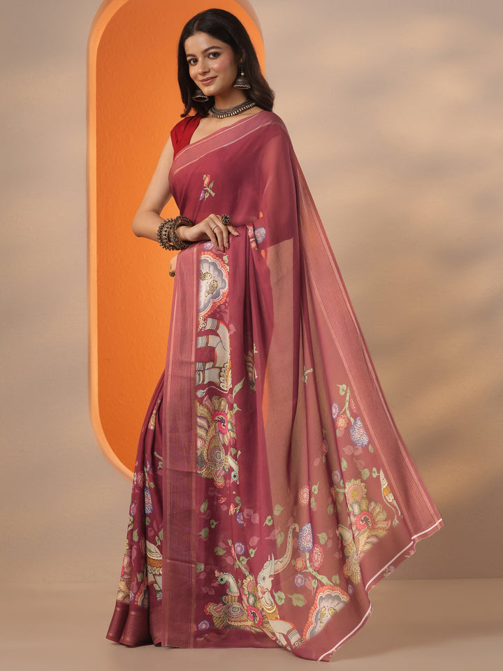 Brown Printed Georgette Saree With Unstitched Blouse Piece