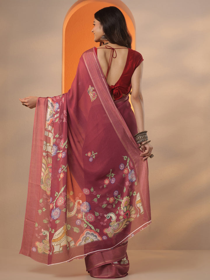 Brown Printed Georgette Saree With Unstitched Blouse Piece