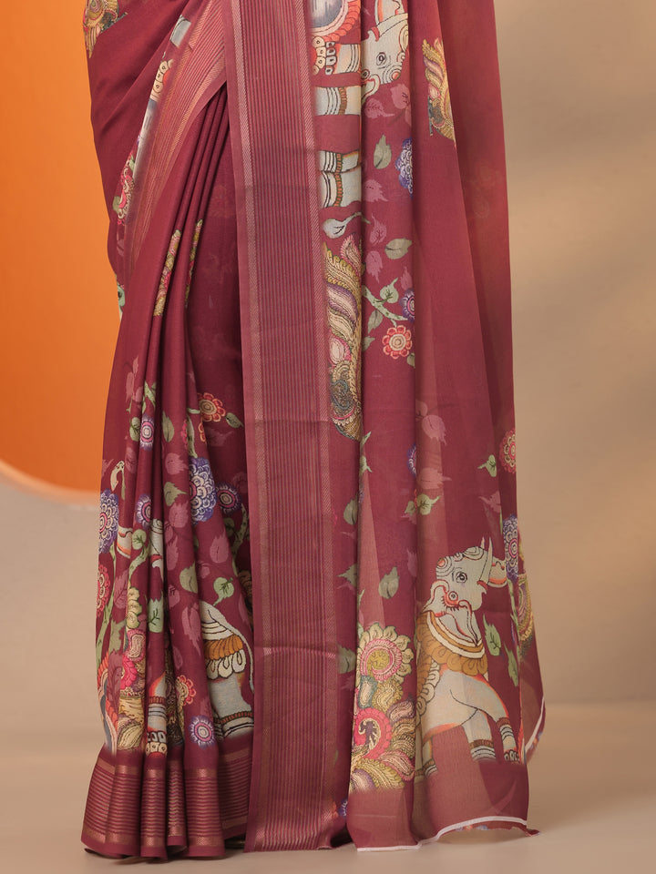 Brown Printed Georgette Saree With Unstitched Blouse Piece
