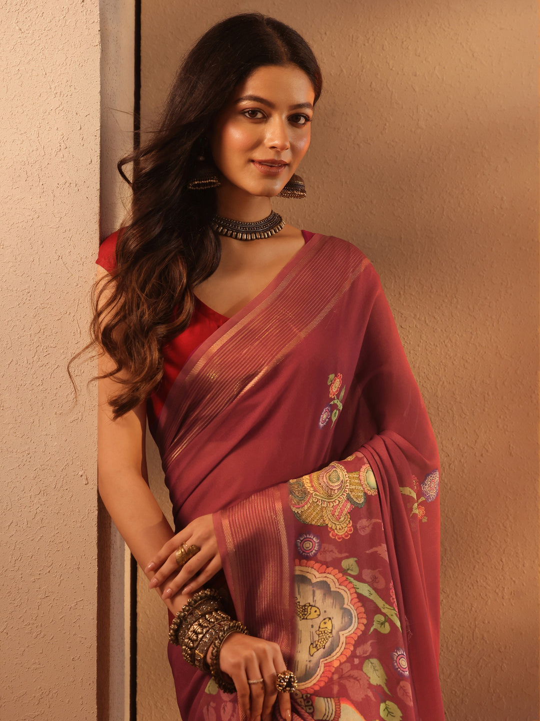 Brown Printed Georgette Saree With Unstitched Blouse Piece