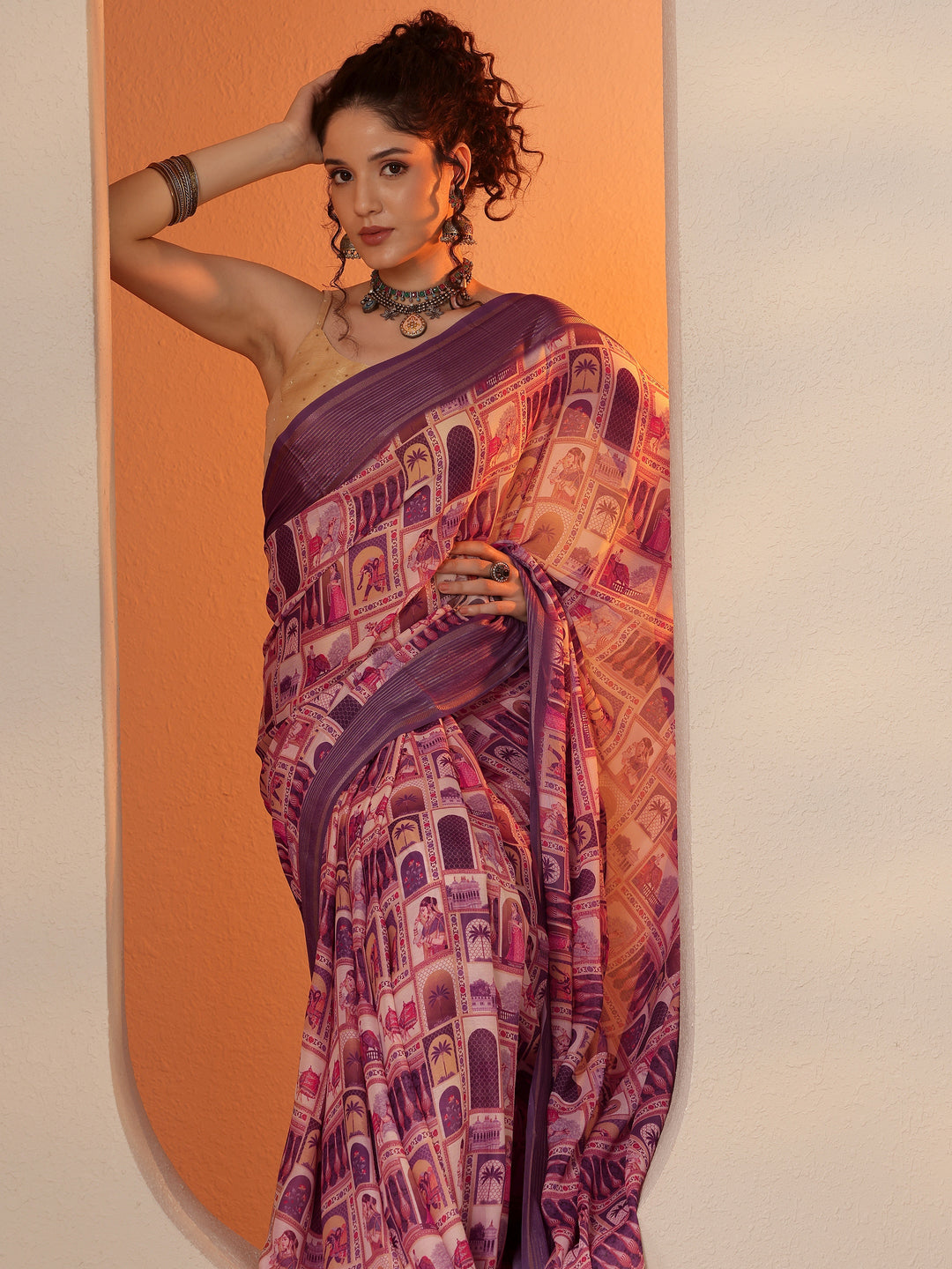 Coral Tribal Printed Georgette Saree With Unstitched Blouse Piece