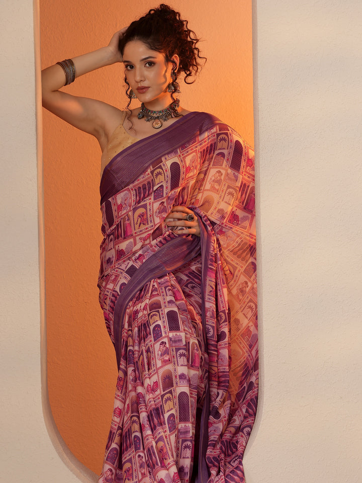 Coral Tribal Printed Georgette Saree With Unstitched Blouse Piece