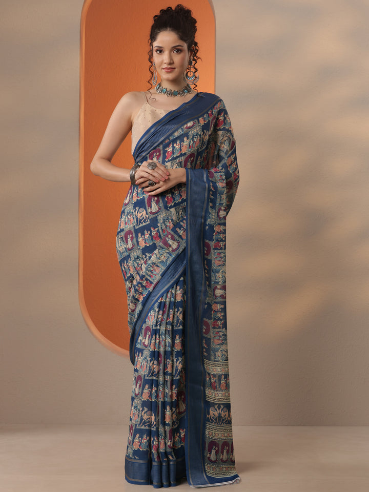 Blue Tribal Printed Georgette Saree With Unstitched Blouse Piece