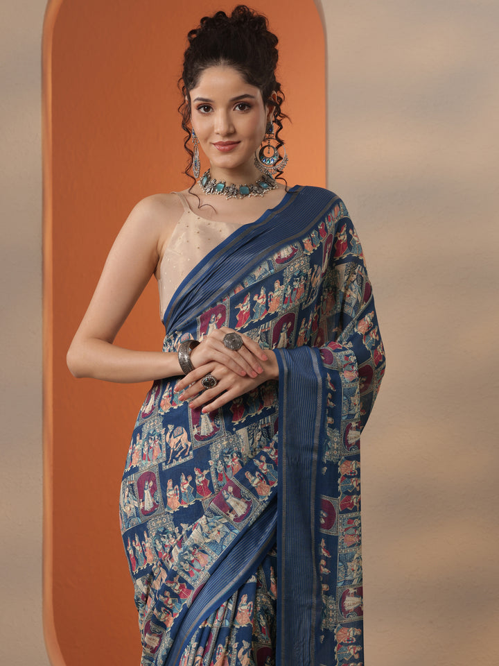 Blue Tribal Printed Georgette Saree With Unstitched Blouse Piece