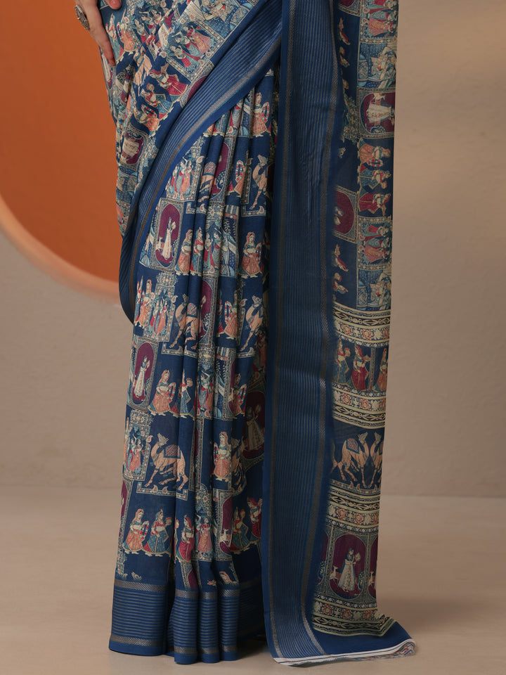 Blue Tribal Printed Georgette Saree With Unstitched Blouse Piece