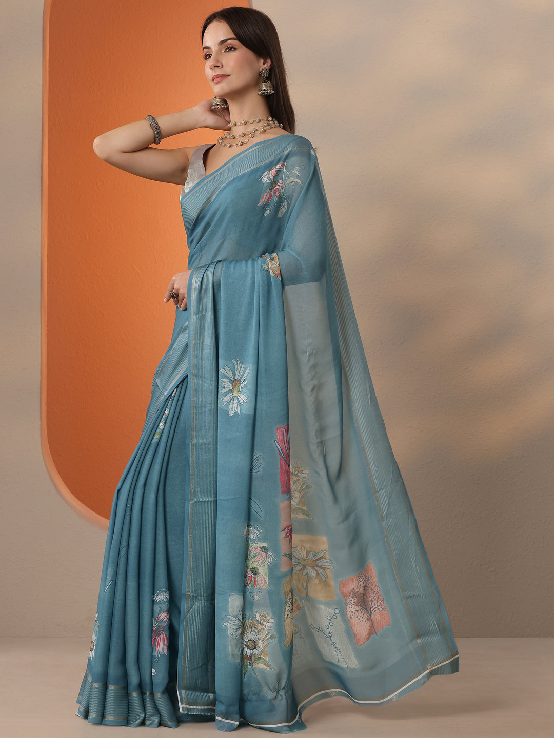 Blue Printed Georgette Saree With Unstitched Blouse Piece