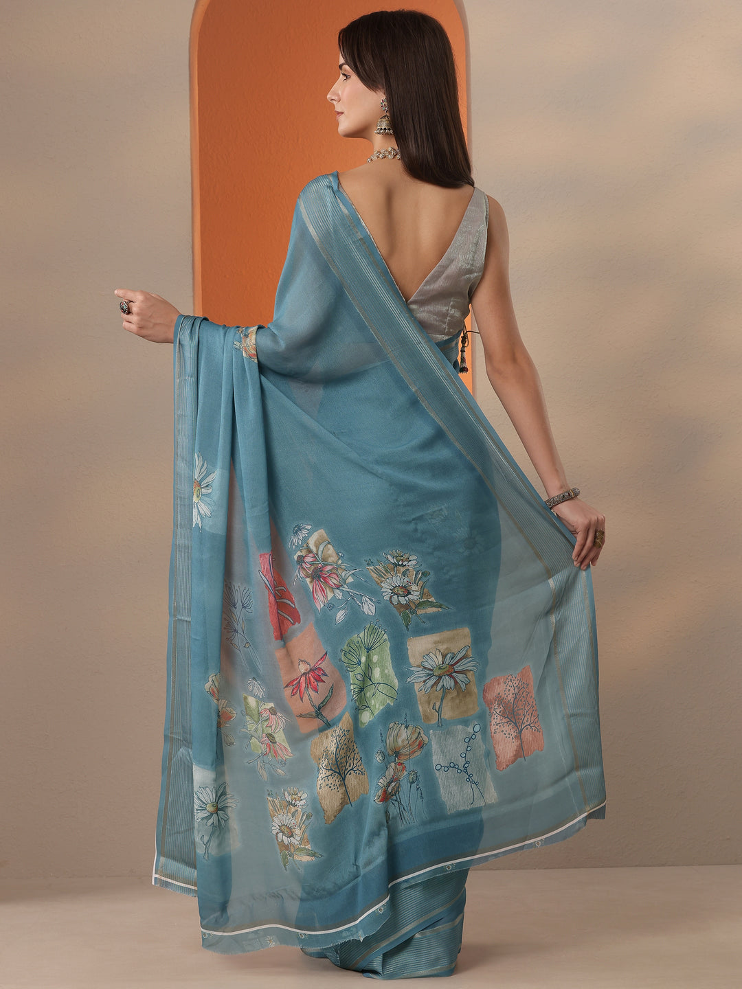 Blue Printed Georgette Saree With Unstitched Blouse Piece