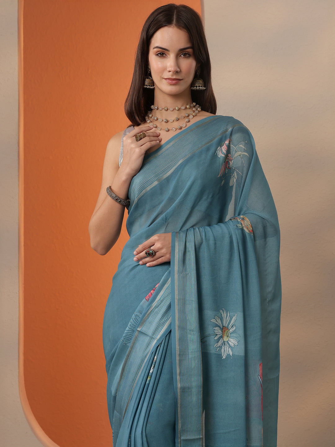 Blue Printed Georgette Saree With Unstitched Blouse Piece