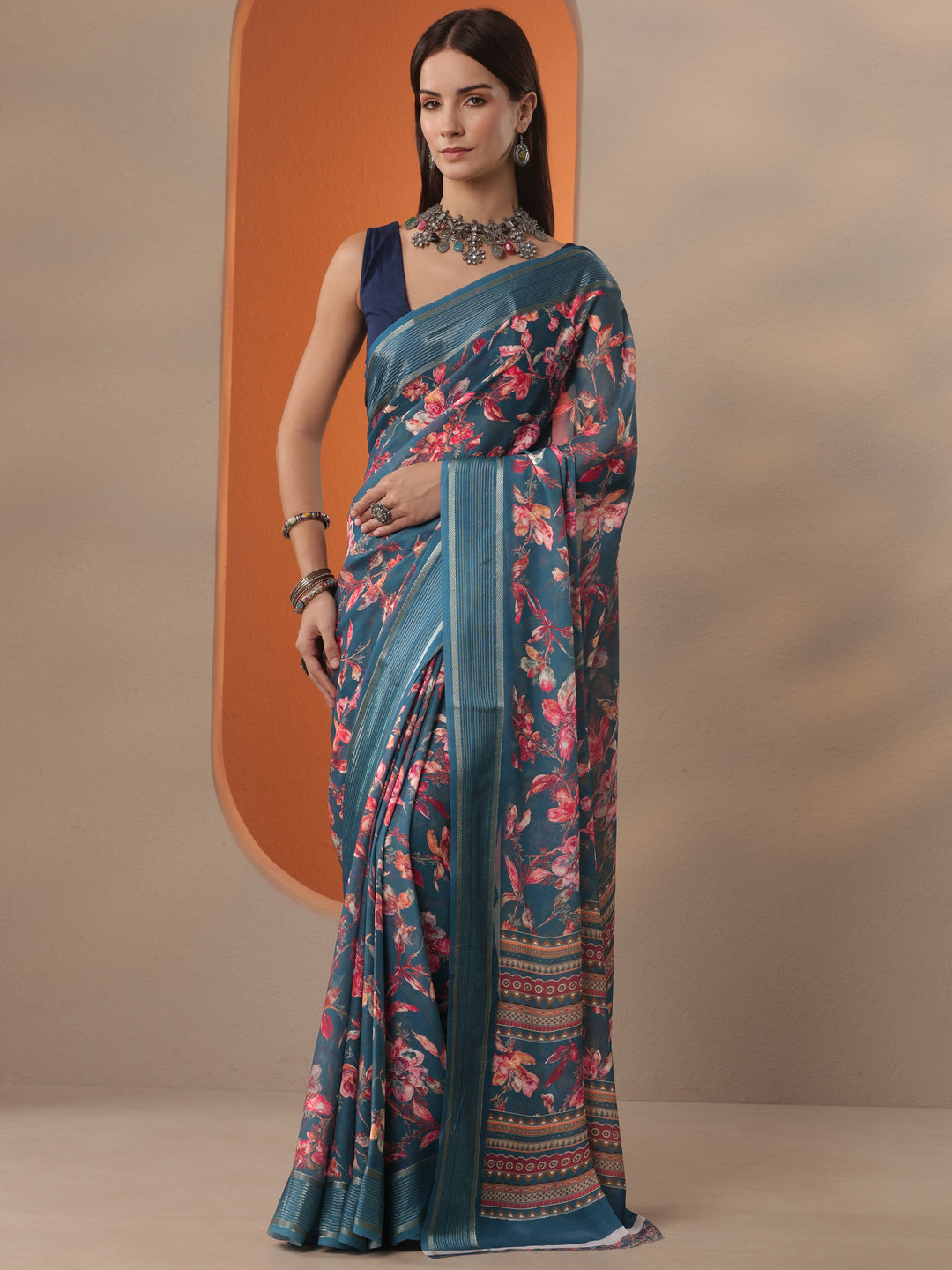 Blue Printed Georgette Saree With Unstitched Blouse Piece