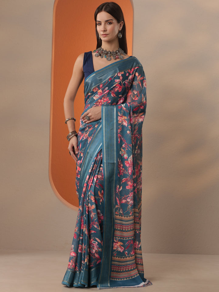 Blue Printed Georgette Saree With Unstitched Blouse Piece