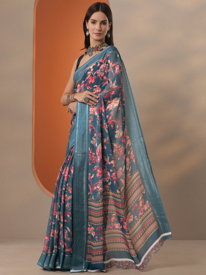 Blue Printed Georgette Saree With Unstitched Blouse Piece
